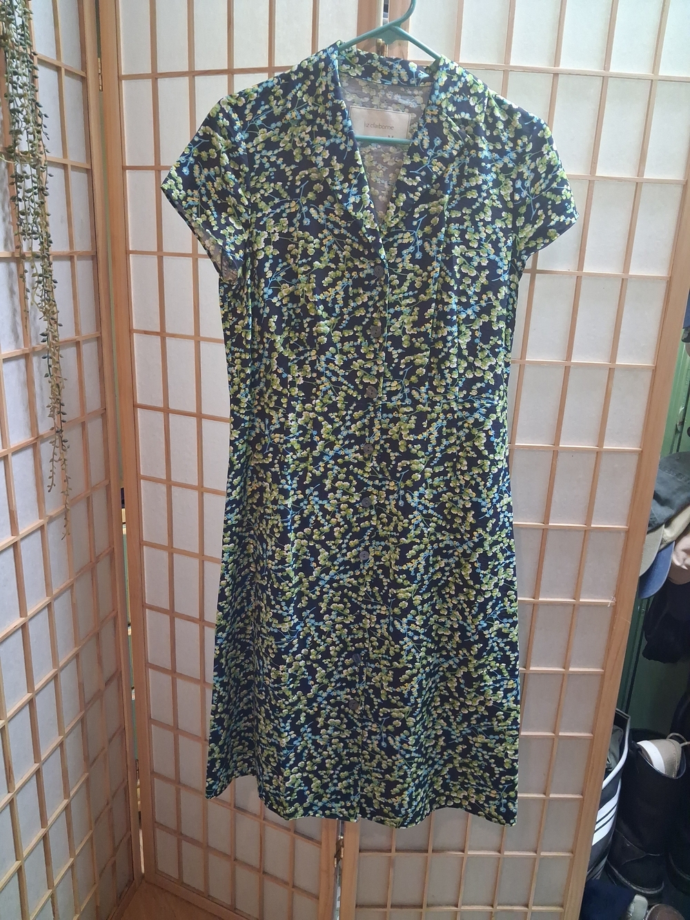 Liz Claiborne Navy Blue Floral Midi Dress with Green Accents